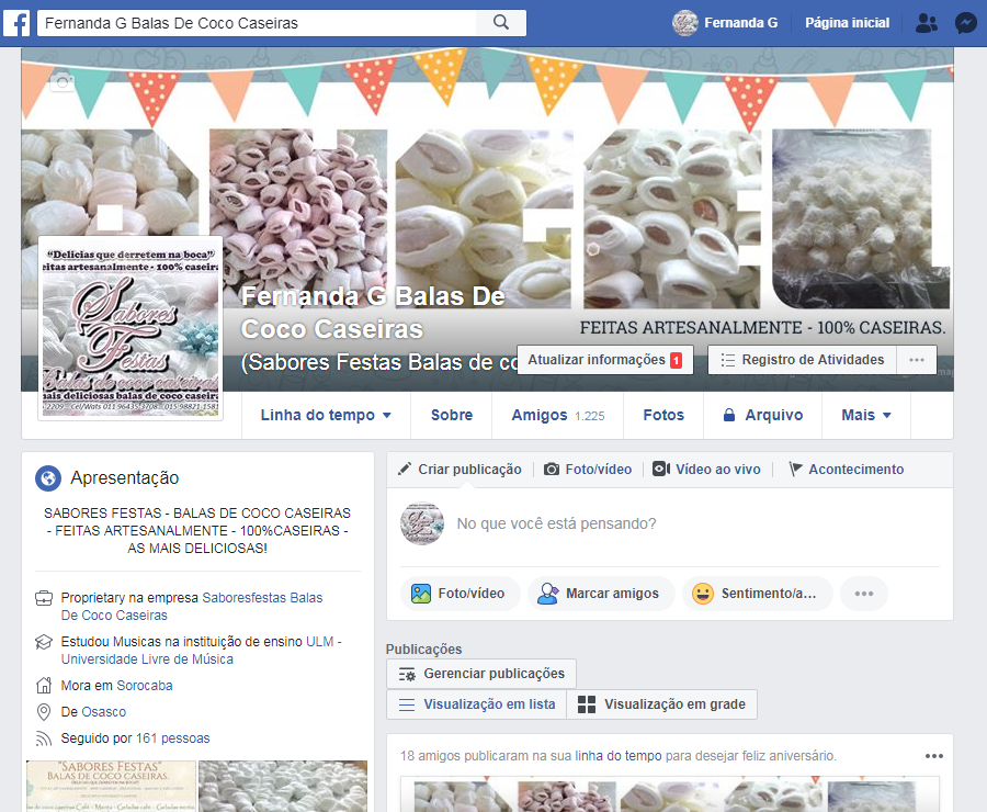 perfil facebook sabores festas balas de coco caseiras doces em geral 